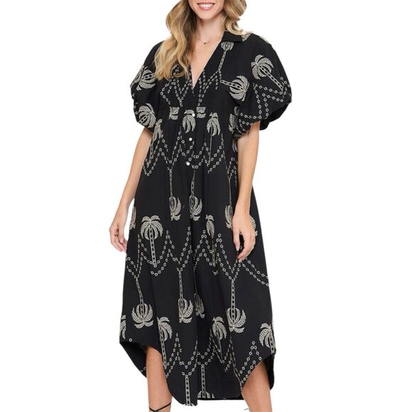 Umgee Dress Palm Tree Embroidered S Black Puff Sleeve Smocked Boho Resortwear - Picture 1 of 10